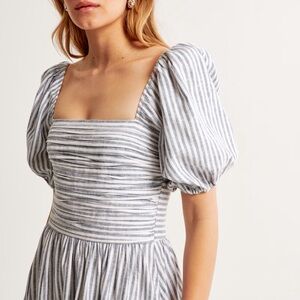 Abercrombie Emerson Linen-Blend Puff Sleeve Midi Dress Small Petite Stripe NWT